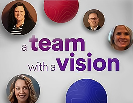 A team with a vision logo with data science team headshots in circles around the words (photo)