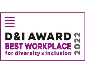 D&I Award Best Workplace for diversity & inclusion in a purple box with four lines in top left hand corner (logo)
