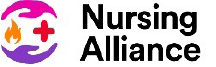 Pink and purple hands with a flame and red-cross symbold between them and Nursing Alliance logo (logo)