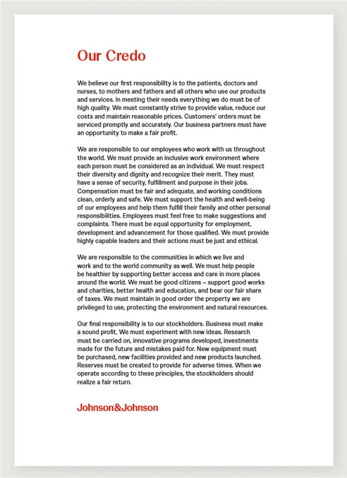 Johnson & Johnson's Credo outlining responsibilities to patients, employees, communities, and stockholders. (illustration)