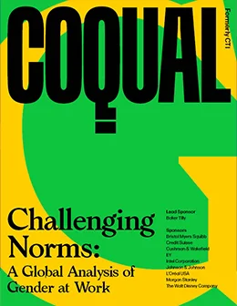Cover of Coqual's report titled 'Challenging Norms: A Global Analysis of Gender at Work,' focusing on gender dynamics in the workplace. (illustration)