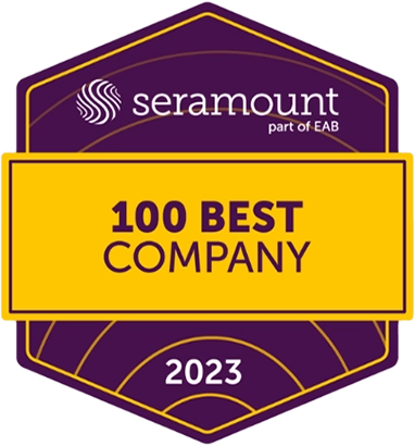 Purple hexagon reading Seramount on top of a yellow square for the 100 Best Company in 2023 award (logo)