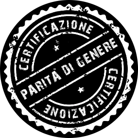 Black and white badge of Italian Gender Equality Certification, stating Certificazione - parita di genere (logo)