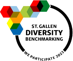 St.Gallen Diversity Benchmarking text surrounded by a black circle with colorful pentagons top left and text we participate 2023 at the bottom of the circle (logo)
