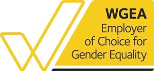 Yellow checkmark next to a yellow rhombus for the WGEA Employer of Choice for Gender Equality logo (logo)