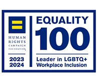Rectangular Human Rights Campaign Foundation 2023-2024 logo Equality 100 Leader in LGBTQ+ Workplace Inclusion logo (logo)
