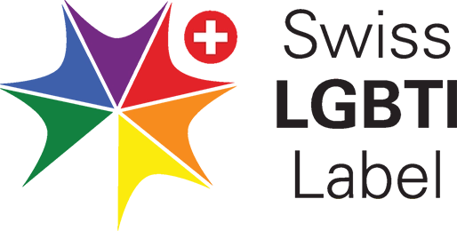 Rainbow badge and Swiss flag to the right of the Swiss LGBTI Label (logo)