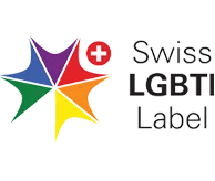 Rainbow badge and Swiss flag to the right of the Swiss LGBTI Label (logo)