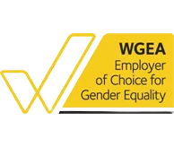 Yellow checkmark next to a yellow rhombus for the WGEA Employer of Choice for Gender Equality logo (logo)