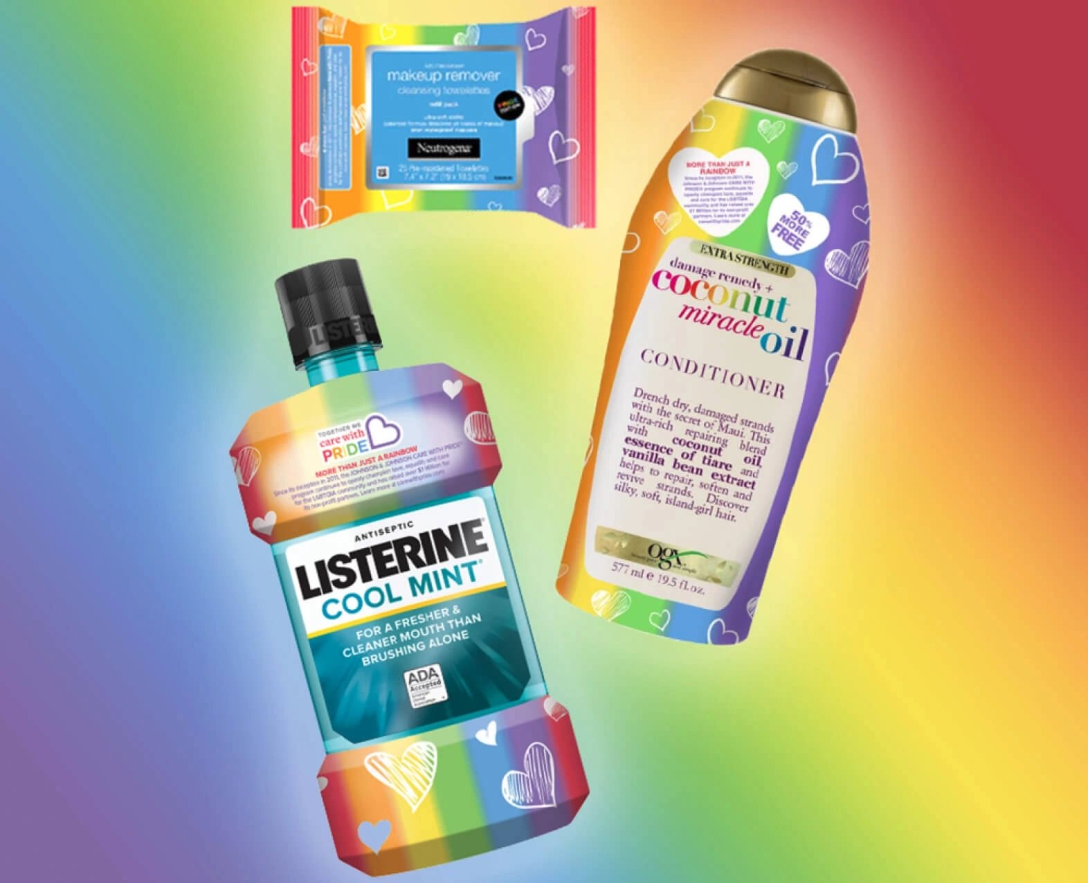 Products with rainbow-themed packaging, including Listerine, OGX conditioner, and Neutrogena makeup remover. (photo)