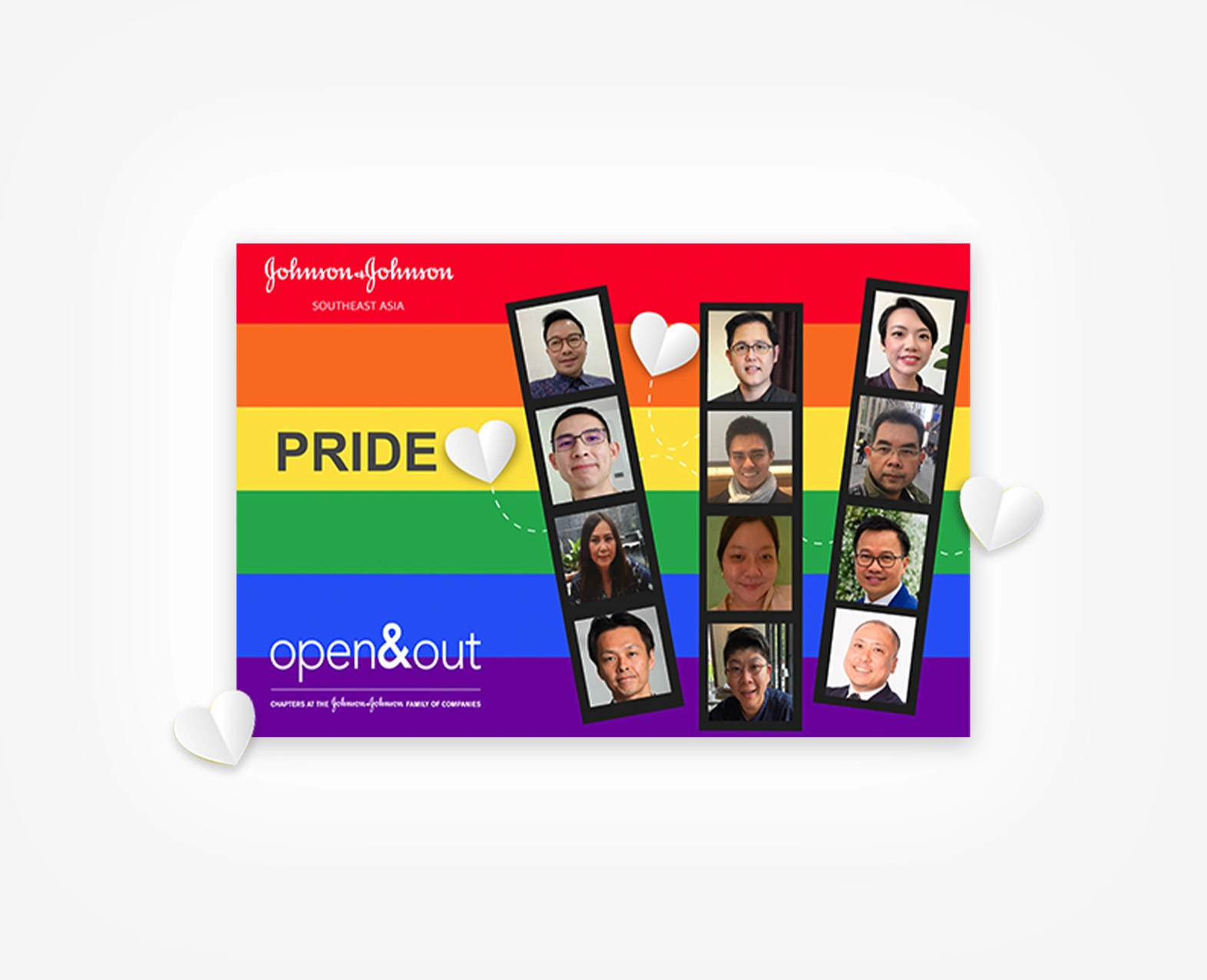 Three photo stripes with four portraits each placed on a colerful pride flag and the texts 'Pride' as well as the logo 'open&out'. (photo)