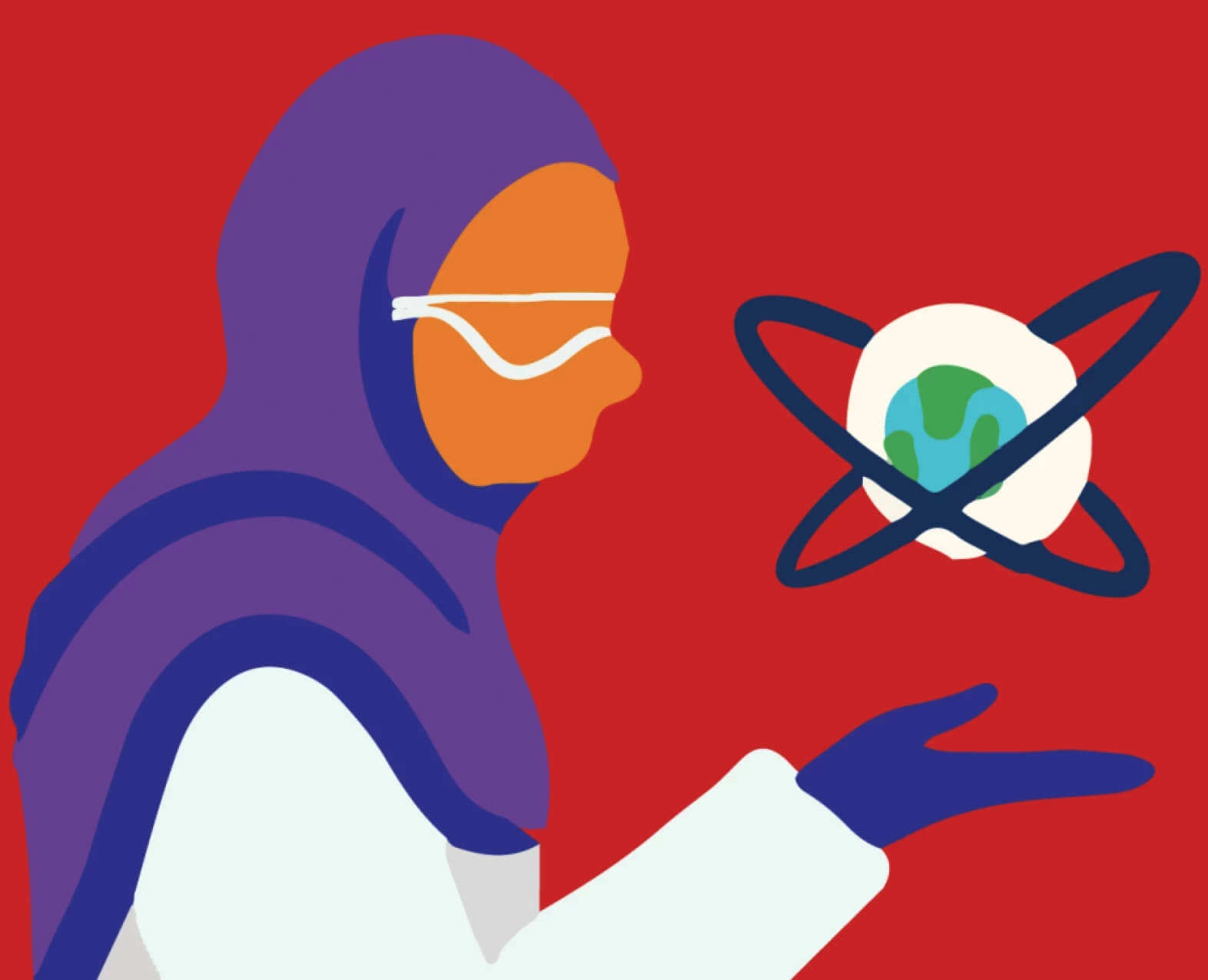 Illustration of a woman in a hijab holding a globe with an atomic structure. (photo)